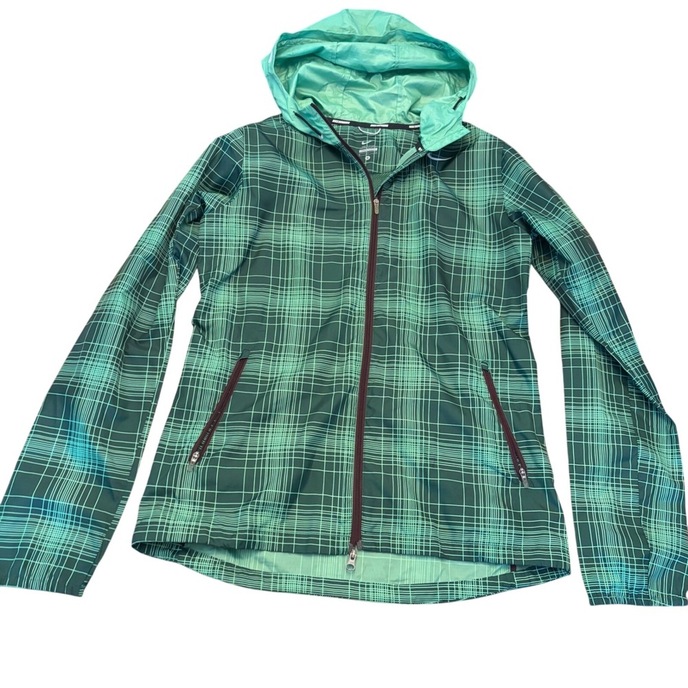 Nike Running Jacket Women's Size Small Green Plaid Full Zip Lightweight Hooded